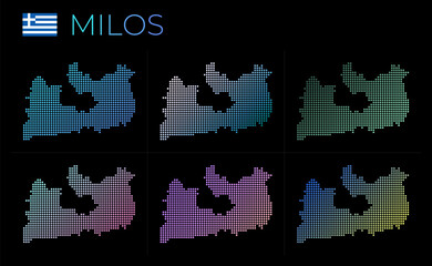 Milos dotted map set. Map of Milos in dotted style. Borders of the island filled with beautiful smooth gradient circles. Cool vector illustration.