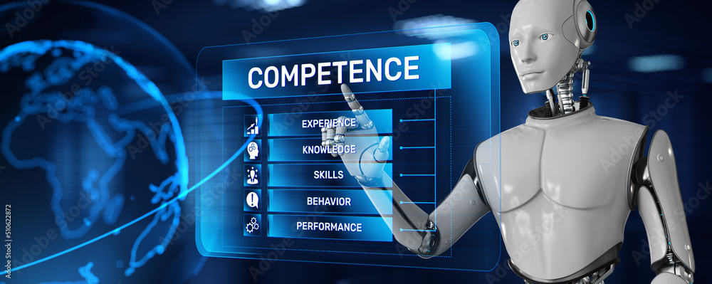 Poster competence skills concept. robot pressing button on screen 3d render.