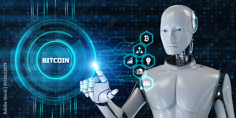Poster bitcoin cryptocurrency btc trading. robot pressing button on screen 3d render.