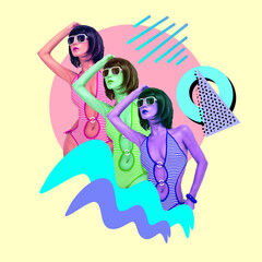 Contemporary minimal art collage. Tropical vintage Lady fashion beach style. Vacation, summer, party time concept
