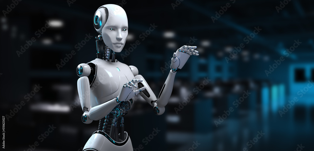 Aufkleber robot cyborg 3d render on blurred background. innovation technology robotisation.