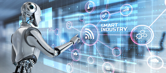 Smart industry digital technology automation innovation. 3d render robot pressing button.
