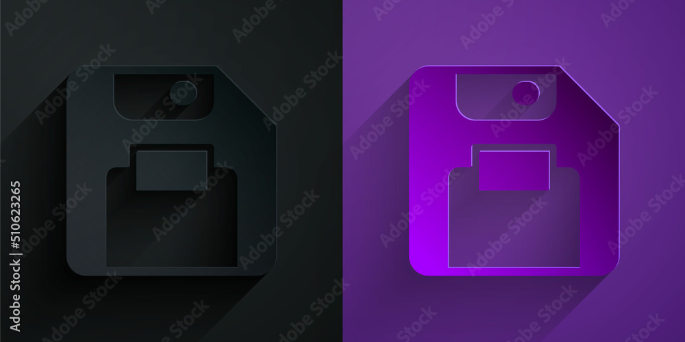 Poster Paper cut Floppy disk for computer data storage icon isolated on black on purple background. Diskette sign. Paper art style. Vector