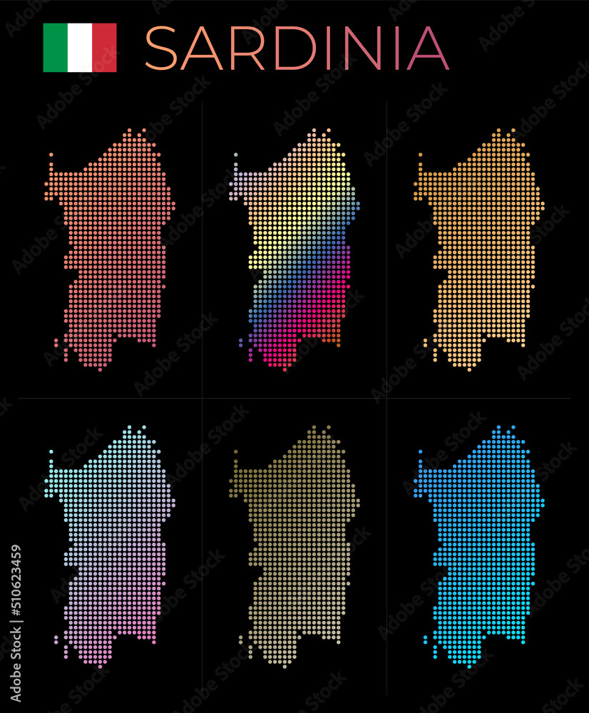 Poster sardinia dotted map set. map of sardinia in dotted style. borders of the island filled with beautifu