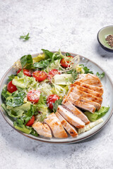 Fototapeta na wymiar Green salad with grilled chicken breast. Healthy food, clean eating concept