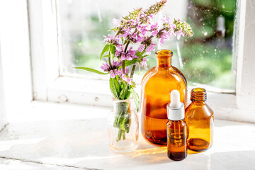 Bouquet Stachys palustris, marsh woundwort, clown's woundwort, clown's heal-all, marsh hedgenettle, or hedge-nettle on windowsill old window. Cosmetic and apothecary bottles near tmedicinal herb