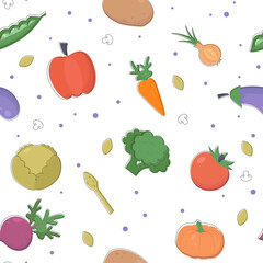 Vegetable seamless pattern. Organic farmer vegetable pattern, tomatoes, broccoli, cabbage, pumpkin, mushrooms and carrot