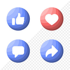 Social media notification icons in modern button with color palette ramp style like love comment share icon. thumbs up, heart, repost, icons