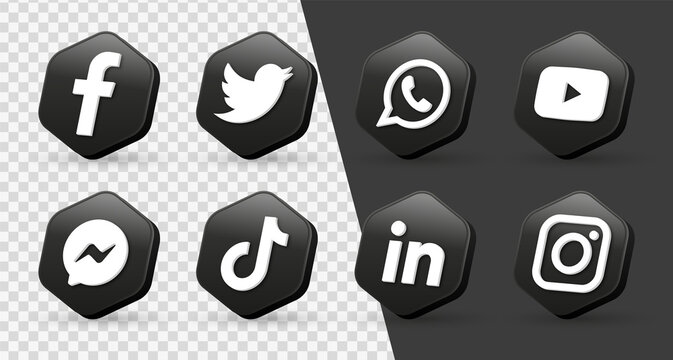 3d Social media 3d icons. social network 3d logos frame. popular social media icons 3d dark black polygon frame. facebook, instagram, youtube, tiktok, twitter, messenger, whatsapp, linkedin logo icon