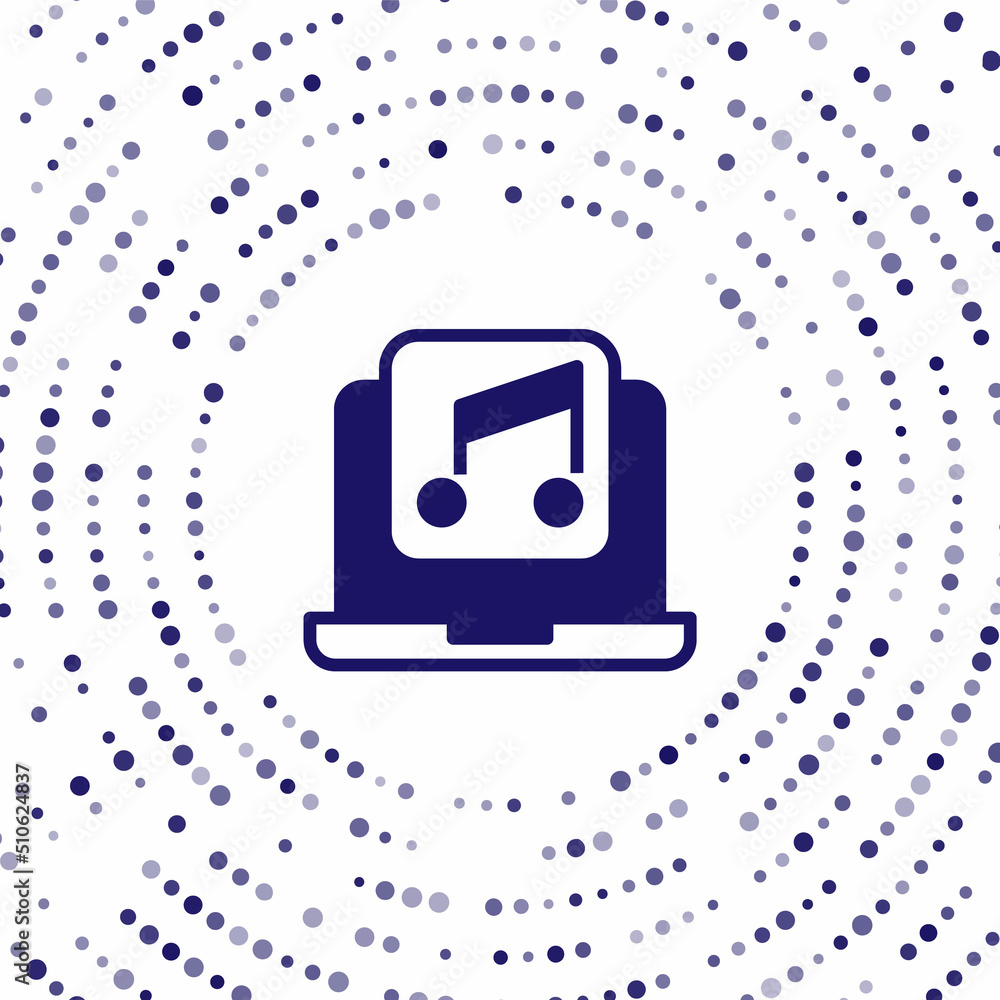 Poster blue laptop with music note symbol on screen icon isolated on white background. abstract circle rand