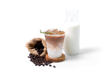 ice coffee latte with milk and coffee beans isolated on white background. coffee shop cafe menu concept.