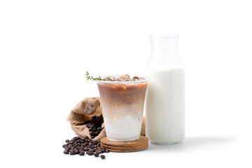 ice coffee latte with milk and coffee beans isolated on white background. coffee shop cafe menu concept.