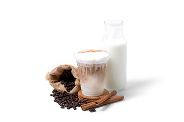 ice coffee latte with milk and coffee beans isolated on white background. coffee shop cafe menu concept.
