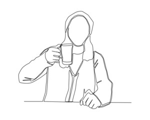 Continuous line of young man showing his mug cartoon vector. Young man picking a cup for cheering.