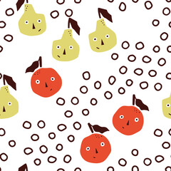 Seamless fruit pattern with creative pears and apples. Abstract summer fruit background. Great for fabric, textile, apparel. Vector illustration