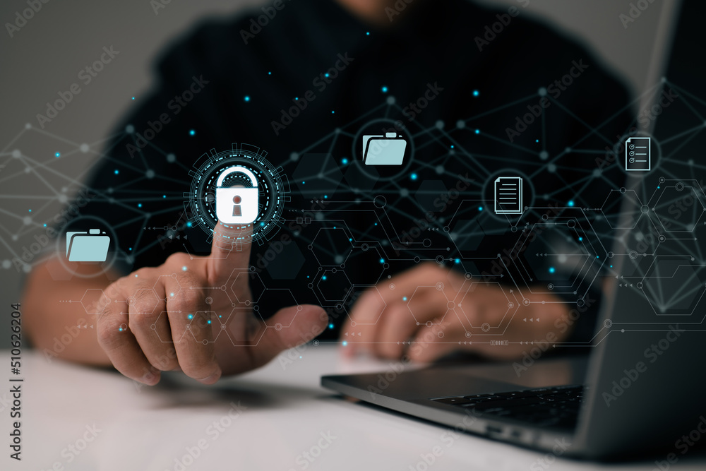 Leinwandbilder Document security concept. Document management system (DMS). Online documentation database and digital file storage. Log in to the cloud computing system network to gain access to files.