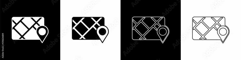 Poster set gps device with map icon isolated on black and white background. vector