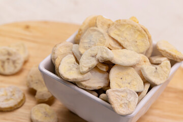 homemade dry banana slice chip prepare serve snack.