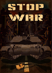 Stop War card, teddy bear stops a military tank, vector illustration