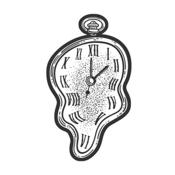 Flowing liquid time watch clock sketch engraving vector illustration. T-shirt apparel print design. Scratch board imitation. Black and white hand drawn image.