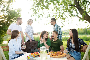 Group of young friends enjoying a picnic sitting outdoors fresh air spending weekend sunny day drinking beverage clinking cups, soft focus