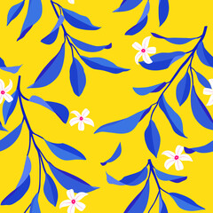 Fototapeta premium Seamless summer pattern with leaves and flowers. Vector elegant floral background.