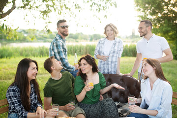 Group of young friends enjoying a picnic sitting outdoors fresh air spending weekend sunny day drinking beverage clinking cups, soft focus