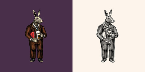 A hare man in a suit with a glass of beer. Rabbit or bunny. Fashion animal character. Hand drawn woodcut outline sketch. Vector engraved illustration for logo and tattoo or T-shirts. 