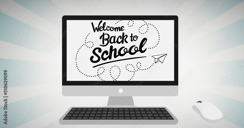 Fototapete illustration of welcome back to school text and paper plane on computer screen with mouse, keyboard