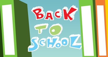 Illustration of books with colorful back to school text against blue background, copy space
