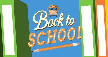 Illustration of books with pencil and back to school text with bus against blue background