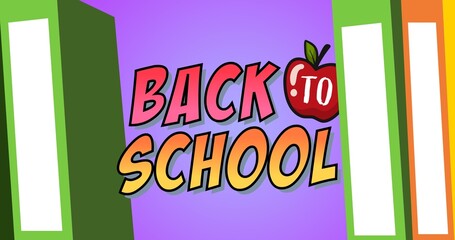 Illustration of book with back to school text and apple against violet background, copy space