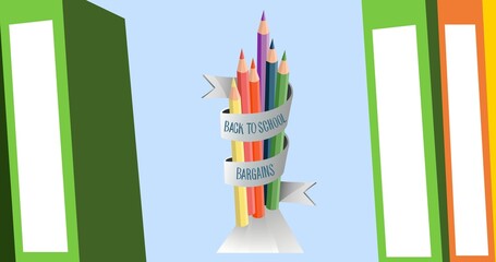 Illustration of books and colored pencils tied with ribbon with back to school and bargains text