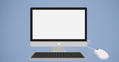 Illustrative image of desktop computer with keyboard and mouse against blue background, copy space