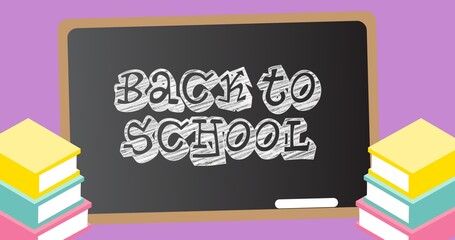 Illustration of writing slate with back to school text and chalk with books on purple background
