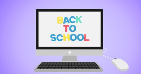 Illustration of colorful back to school text on computer screen with keyboard and mouse, copy space