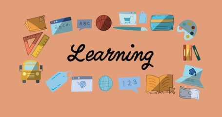 Illustrative image of learning text and various back to school doodles on peach background