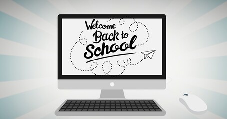 Illustration of welcome back to school text and paper plane on computer screen with mouse, keyboard