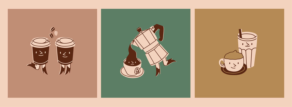Moka pot, coffee cups with legs in boots. Cup and glass with faces. Logo, icon, coffee shop, menu design templates. Cute cartoon style characters. Three hand drawn isolated Vector illustrations