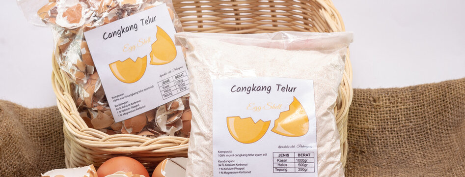 two packs of fine and coarse egg shells. copy space for supplements, health, vitamins, beauty and organics. South Kalimantan, Indonesia. May 26, 2022.