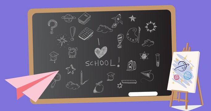 Illustration of writing slate with school text and doodles, paper airplane and canvas with painting