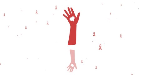 Illustration of red hand with heart shape in palm and awareness ribbons on white background