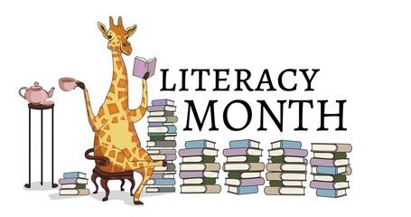 Illustration of giraffe with coffee reading book on chair and books stack with literacy month text