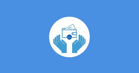 Illustration of blue hands with wallet in white circle against blue background, copy space