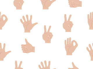 A pattern of hands in gestures emotions on a white background isolated vector illustration