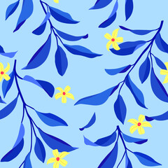 Seamless summer pattern with leaves and flowers. Vector elegant floral background.