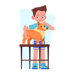 Boy playing his dog, cartoon style, flat design.