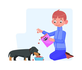 Boy playing his dog, cartoon style, flat design
