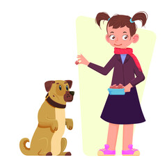 Girl playing and feeding her dog, cartoon style, flat design