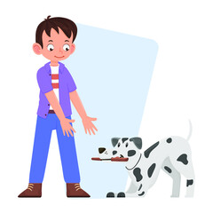Boy playing his dog, cartoon style, flat design.